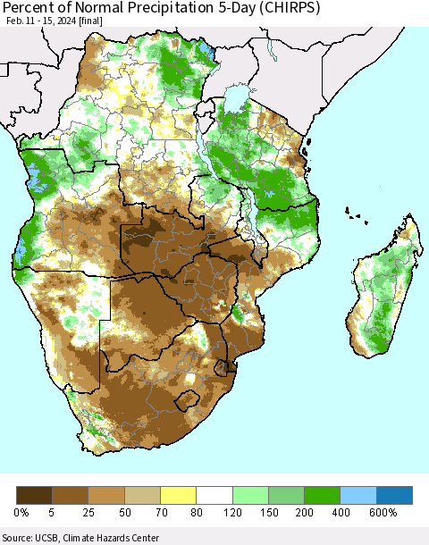 Southern Africa Percent of Normal Precipitation 5-Day (CHIRPS) Thematic Map For 2/11/2024 - 2/15/2024