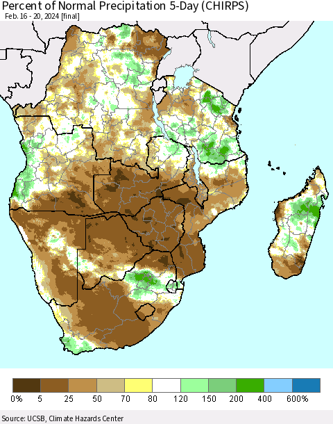 Southern Africa Percent of Normal Precipitation 5-Day (CHIRPS) Thematic Map For 2/16/2024 - 2/20/2024