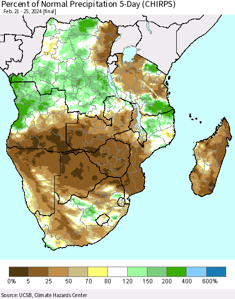 Southern Africa Percent of Normal Precipitation 5-Day (CHIRPS) Thematic Map For 2/21/2024 - 2/25/2024