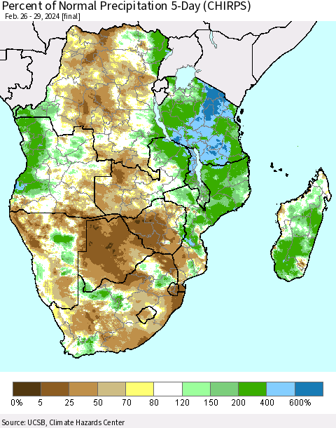 Southern Africa Percent of Normal Precipitation 5-Day (CHIRPS) Thematic Map For 2/26/2024 - 2/29/2024