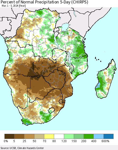 Southern Africa Percent of Normal Precipitation 5-Day (CHIRPS) Thematic Map For 3/1/2024 - 3/5/2024