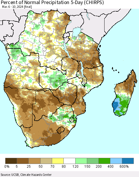 Southern Africa Percent of Normal Precipitation 5-Day (CHIRPS) Thematic Map For 3/6/2024 - 3/10/2024