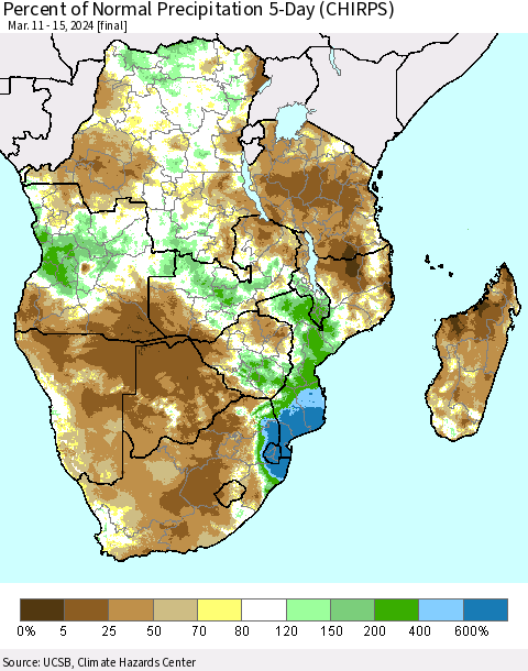 Southern Africa Percent of Normal Precipitation 5-Day (CHIRPS) Thematic Map For 3/11/2024 - 3/15/2024