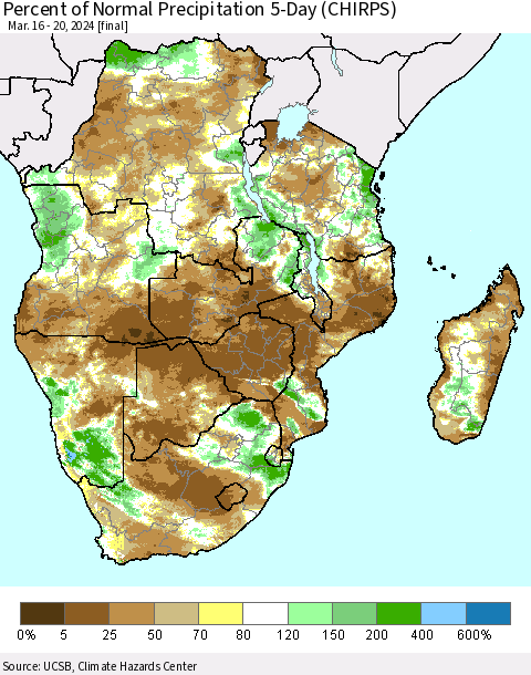 Southern Africa Percent of Normal Precipitation 5-Day (CHIRPS) Thematic Map For 3/16/2024 - 3/20/2024
