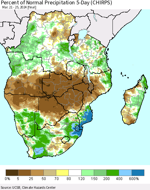 Southern Africa Percent of Normal Precipitation 5-Day (CHIRPS) Thematic Map For 3/21/2024 - 3/25/2024