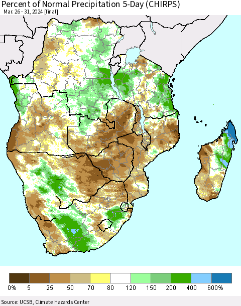 Southern Africa Percent of Normal Precipitation 5-Day (CHIRPS) Thematic Map For 3/26/2024 - 3/31/2024