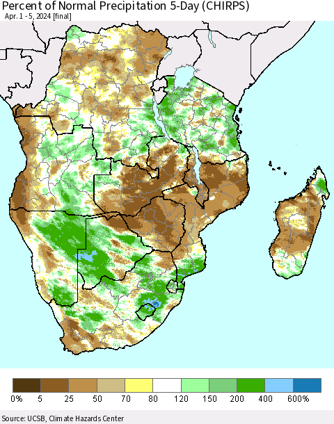 Southern Africa Percent of Normal Precipitation 5-Day (CHIRPS) Thematic Map For 4/1/2024 - 4/5/2024
