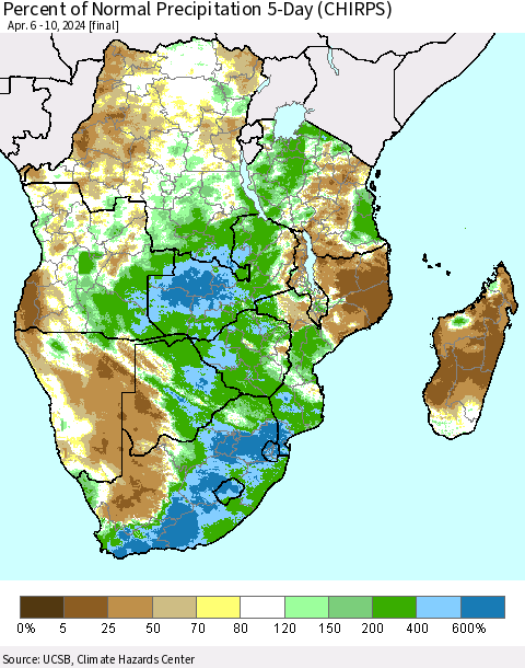Southern Africa Percent of Normal Precipitation 5-Day (CHIRPS) Thematic Map For 4/6/2024 - 4/10/2024