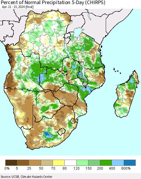 Southern Africa Percent of Normal Precipitation 5-Day (CHIRPS) Thematic Map For 4/11/2024 - 4/15/2024