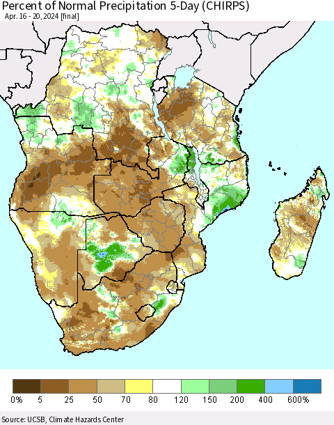 Southern Africa Percent of Normal Precipitation 5-Day (CHIRPS) Thematic Map For 4/16/2024 - 4/20/2024
