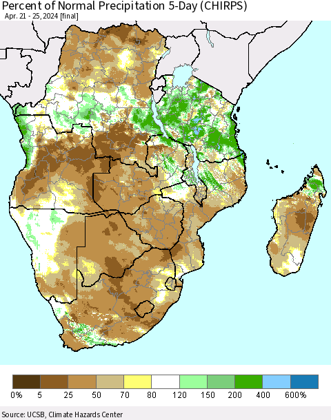 Southern Africa Percent of Normal Precipitation 5-Day (CHIRPS) Thematic Map For 4/21/2024 - 4/25/2024