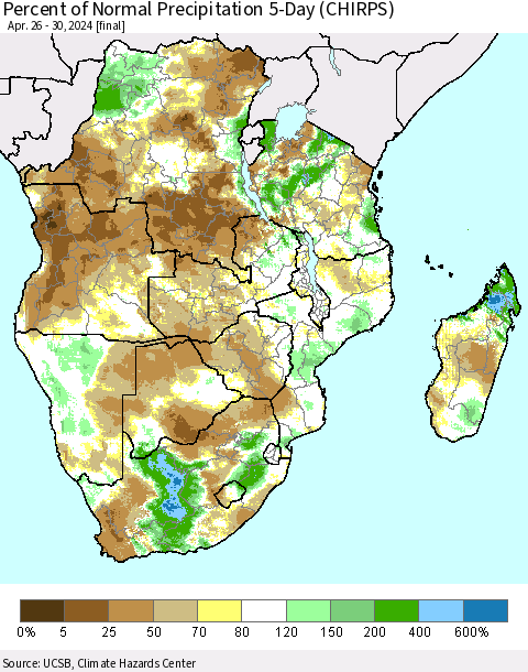 Southern Africa Percent of Normal Precipitation 5-Day (CHIRPS) Thematic Map For 4/26/2024 - 4/30/2024