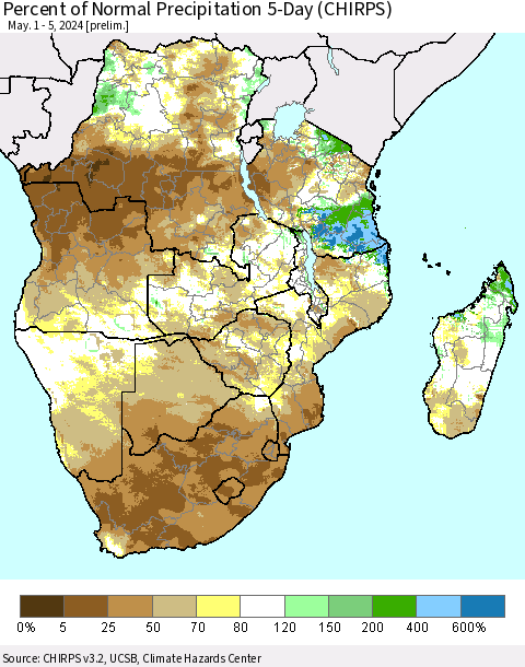 Southern Africa Percent of Normal Precipitation 5-Day (CHIRPS) Thematic Map For 5/1/2024 - 5/5/2024