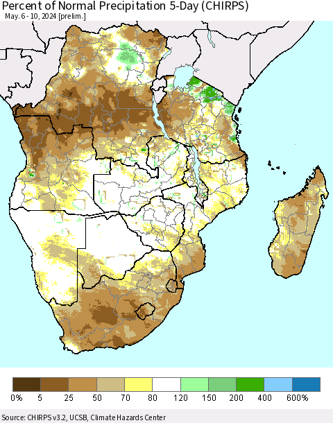 Southern Africa Percent of Normal Precipitation 5-Day (CHIRPS) Thematic Map For 5/6/2024 - 5/10/2024