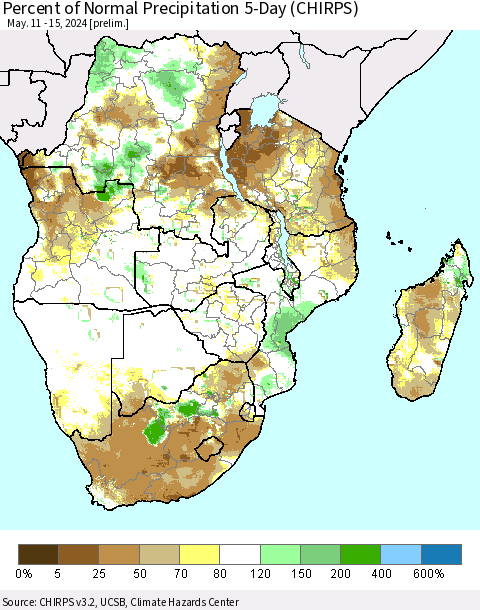 Southern Africa Percent of Normal Precipitation 5-Day (CHIRPS) Thematic Map For 5/11/2024 - 5/15/2024