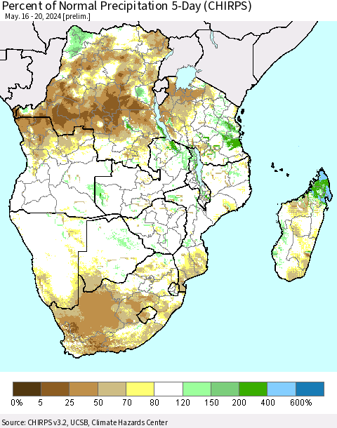 Southern Africa Percent of Normal Precipitation 5-Day (CHIRPS) Thematic Map For 5/16/2024 - 5/20/2024