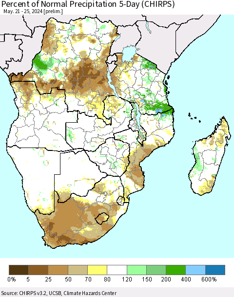 Southern Africa Percent of Normal Precipitation 5-Day (CHIRPS) Thematic Map For 5/21/2024 - 5/25/2024