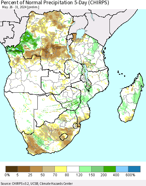 Southern Africa Percent of Normal Precipitation 5-Day (CHIRPS) Thematic Map For 5/26/2024 - 5/31/2024