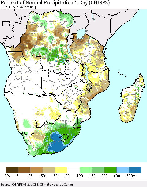Southern Africa Percent of Normal Precipitation 5-Day (CHIRPS) Thematic Map For 6/1/2024 - 6/5/2024