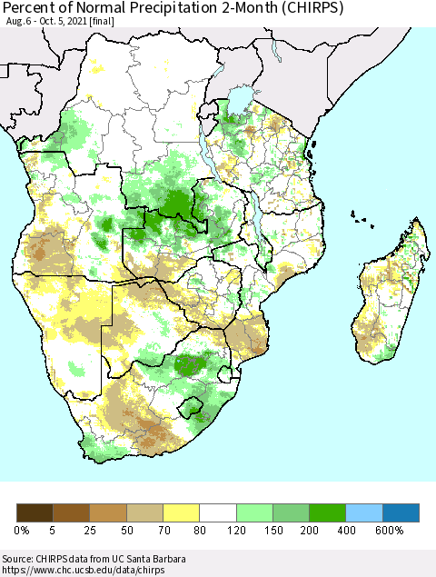 Southern Africa Percent of Normal Precipitation 2-Month (CHIRPS) Thematic Map For 8/6/2021 - 10/5/2021