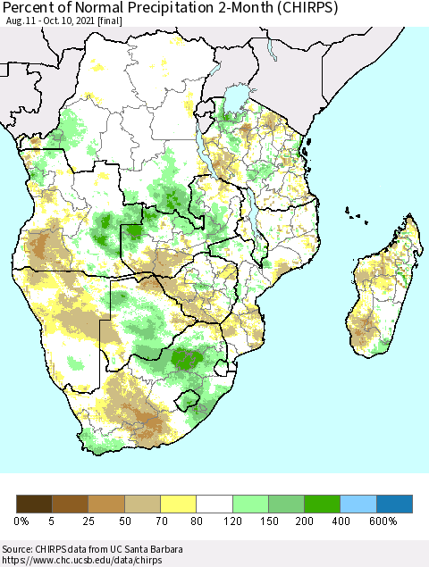 Southern Africa Percent of Normal Precipitation 2-Month (CHIRPS) Thematic Map For 8/11/2021 - 10/10/2021