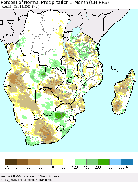 Southern Africa Percent of Normal Precipitation 2-Month (CHIRPS) Thematic Map For 8/16/2021 - 10/15/2021