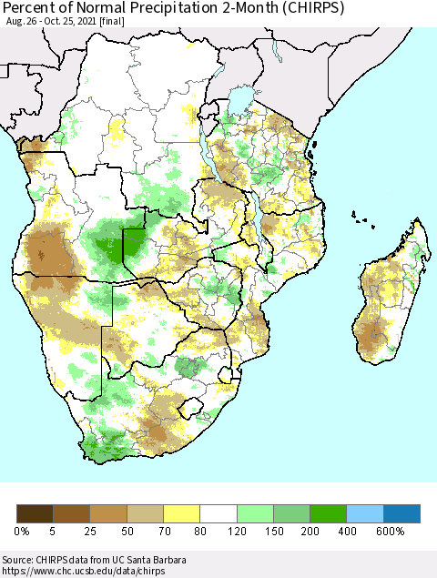 Southern Africa Percent of Normal Precipitation 2-Month (CHIRPS) Thematic Map For 8/26/2021 - 10/25/2021