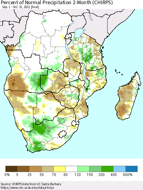 Southern Africa Percent of Normal Precipitation 2-Month (CHIRPS) Thematic Map For 9/1/2021 - 10/31/2021