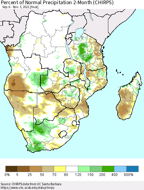 Southern Africa Percent of Normal Precipitation 2-Month (CHIRPS) Thematic Map For 9/6/2021 - 11/5/2021