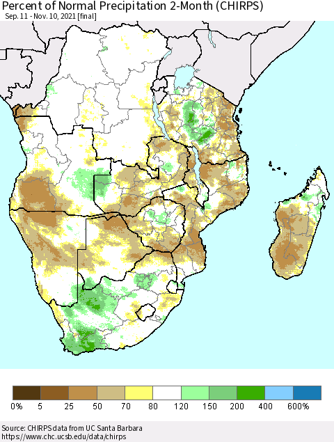Southern Africa Percent of Normal Precipitation 2-Month (CHIRPS) Thematic Map For 9/11/2021 - 11/10/2021