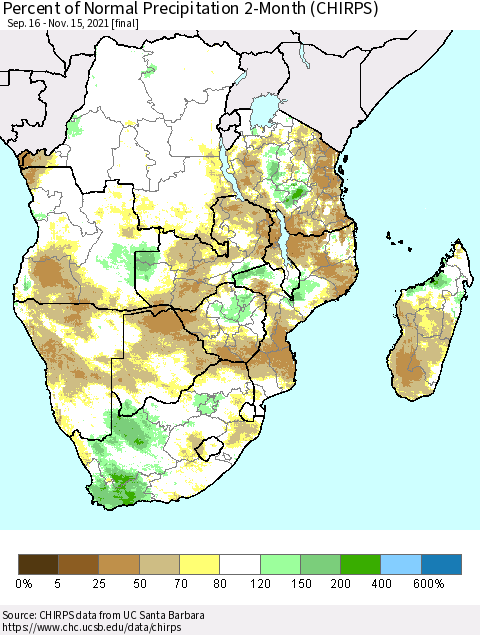 Southern Africa Percent of Normal Precipitation 2-Month (CHIRPS) Thematic Map For 9/16/2021 - 11/15/2021