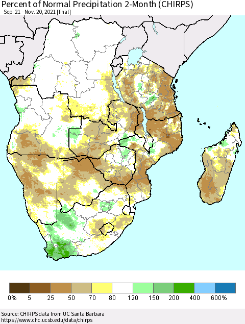 Southern Africa Percent of Normal Precipitation 2-Month (CHIRPS) Thematic Map For 9/21/2021 - 11/20/2021