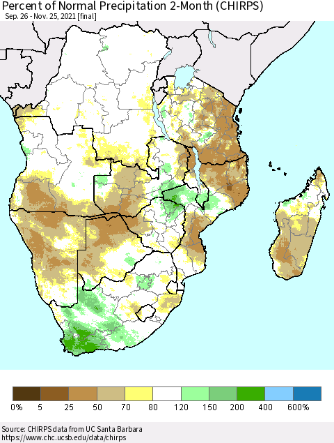 Southern Africa Percent of Normal Precipitation 2-Month (CHIRPS) Thematic Map For 9/26/2021 - 11/25/2021
