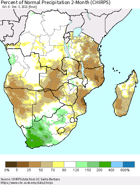 Southern Africa Percent of Normal Precipitation 2-Month (CHIRPS) Thematic Map For 10/6/2021 - 12/5/2021