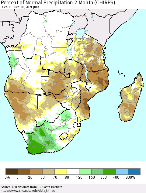 Southern Africa Percent of Normal Precipitation 2-Month (CHIRPS) Thematic Map For 10/11/2021 - 12/10/2021