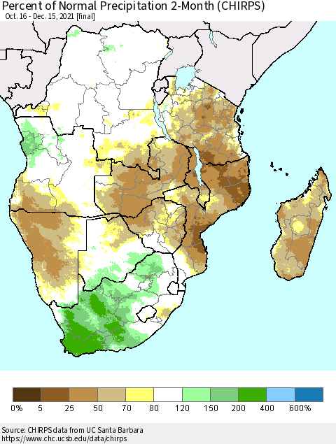 Southern Africa Percent of Normal Precipitation 2-Month (CHIRPS) Thematic Map For 10/16/2021 - 12/15/2021