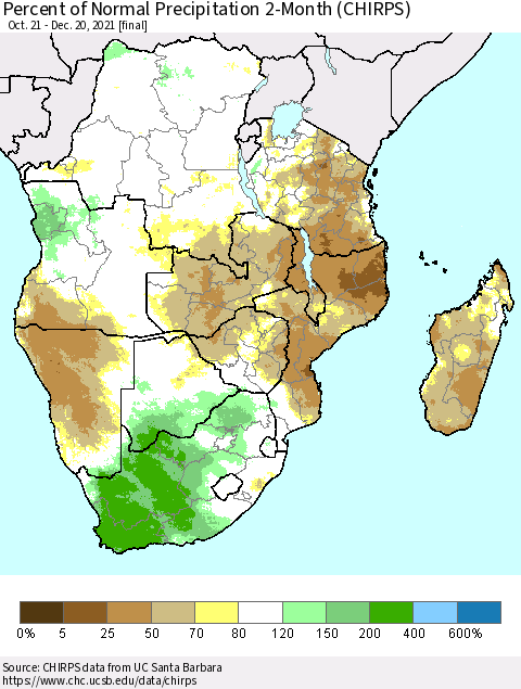 Southern Africa Percent of Normal Precipitation 2-Month (CHIRPS) Thematic Map For 10/21/2021 - 12/20/2021
