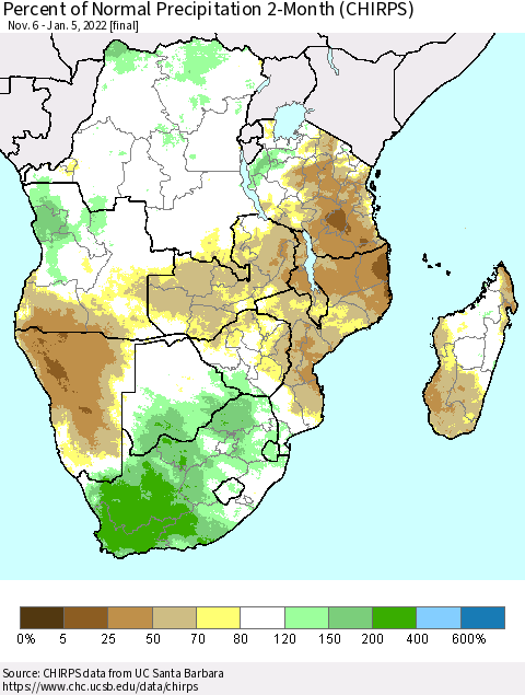 Southern Africa Percent of Normal Precipitation 2-Month (CHIRPS) Thematic Map For 11/6/2021 - 1/5/2022