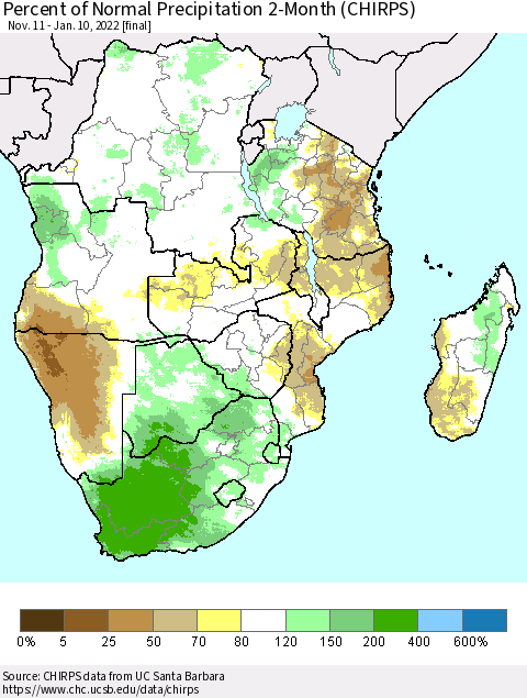 Southern Africa Percent of Normal Precipitation 2-Month (CHIRPS) Thematic Map For 11/11/2021 - 1/10/2022