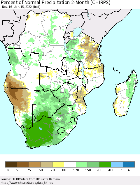 Southern Africa Percent of Normal Precipitation 2-Month (CHIRPS) Thematic Map For 11/16/2021 - 1/15/2022