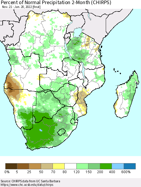 Southern Africa Percent of Normal Precipitation 2-Month (CHIRPS) Thematic Map For 11/21/2021 - 1/20/2022