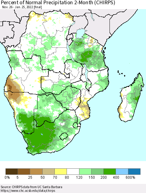 Southern Africa Percent of Normal Precipitation 2-Month (CHIRPS) Thematic Map For 11/26/2021 - 1/25/2022