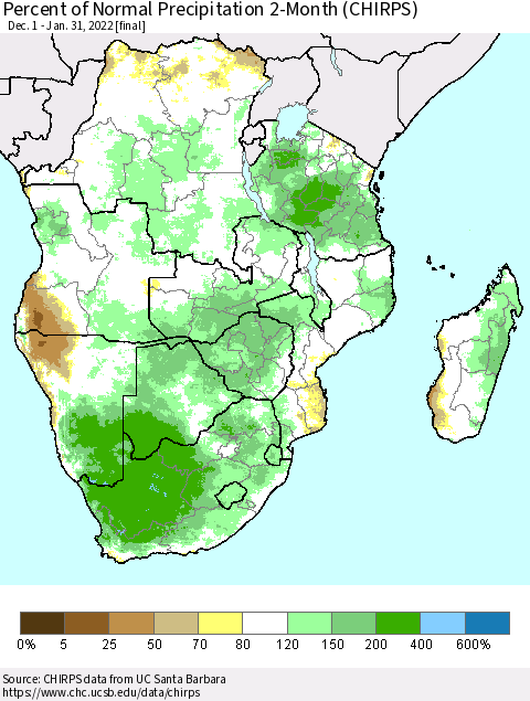 Southern Africa Percent of Normal Precipitation 2-Month (CHIRPS) Thematic Map For 12/1/2021 - 1/31/2022