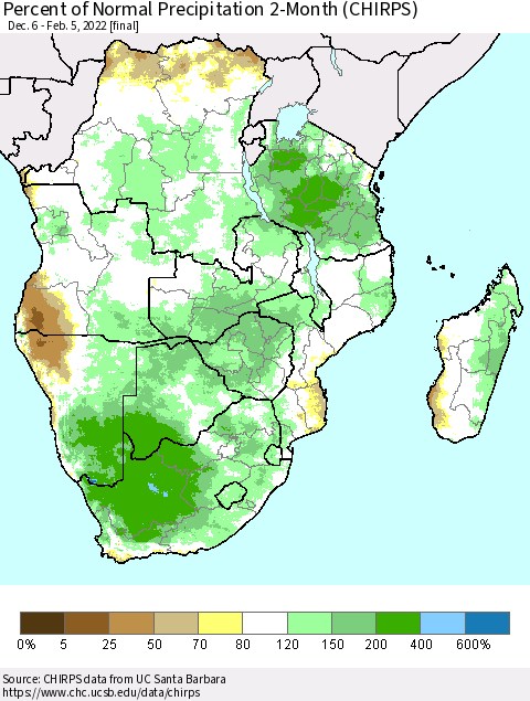 Southern Africa Percent of Normal Precipitation 2-Month (CHIRPS) Thematic Map For 12/6/2021 - 2/5/2022