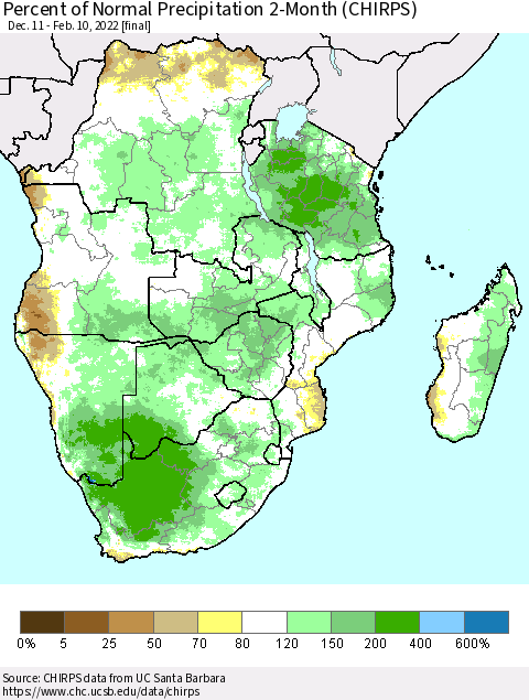 Southern Africa Percent of Normal Precipitation 2-Month (CHIRPS) Thematic Map For 12/11/2021 - 2/10/2022