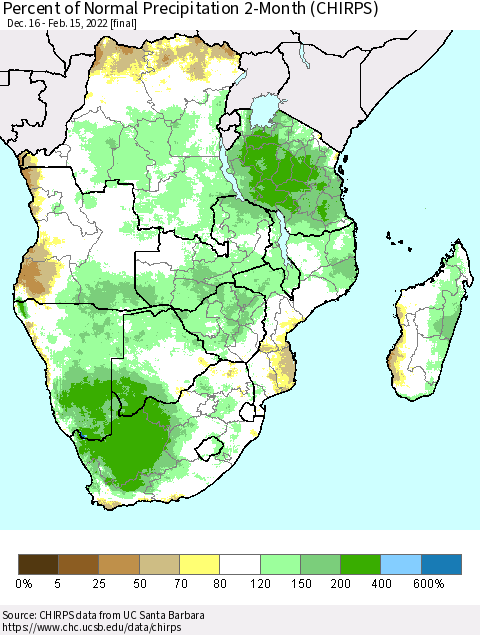 Southern Africa Percent of Normal Precipitation 2-Month (CHIRPS) Thematic Map For 12/16/2021 - 2/15/2022