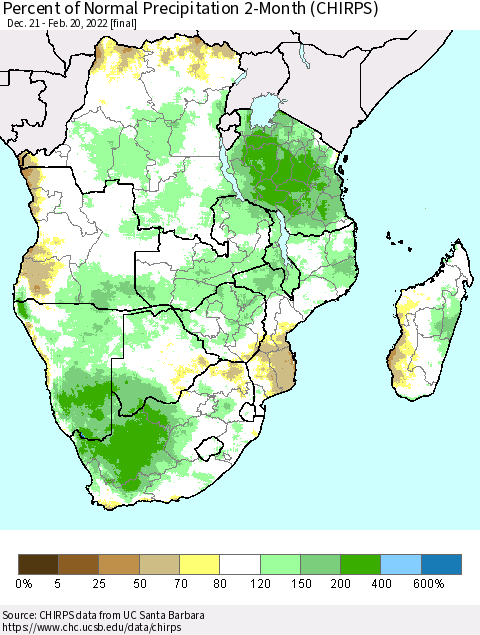 Southern Africa Percent of Normal Precipitation 2-Month (CHIRPS) Thematic Map For 12/21/2021 - 2/20/2022