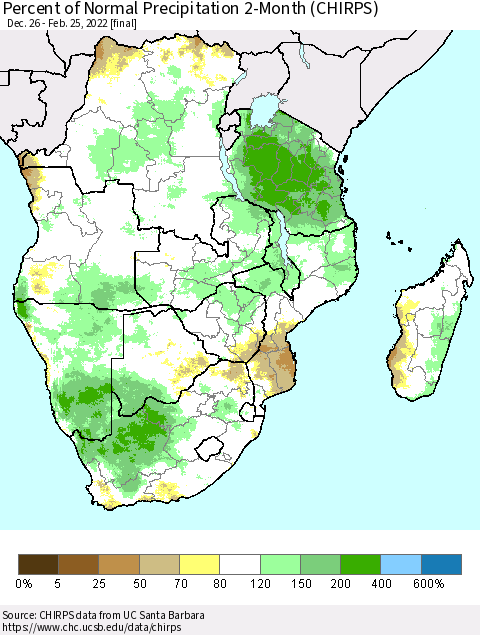 Southern Africa Percent of Normal Precipitation 2-Month (CHIRPS) Thematic Map For 12/26/2021 - 2/25/2022