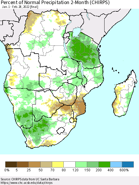 Southern Africa Percent of Normal Precipitation 2-Month (CHIRPS) Thematic Map For 1/1/2022 - 2/28/2022