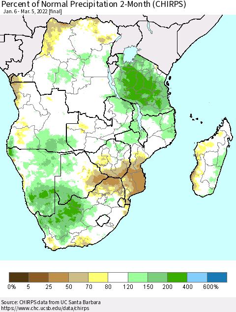 Southern Africa Percent of Normal Precipitation 2-Month (CHIRPS) Thematic Map For 1/6/2022 - 3/5/2022